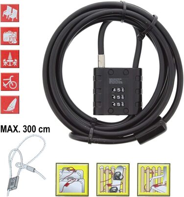 Замок тросовий Burg-Wchter з кодовим замком, для велосипеда, мотоцикла, електросамоката, садових меблів, 725 300 SnapLock, чорний, 3 м