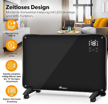 Конвекторний обігрівач TRESKO зі скляним додатком 2000 Вт, WiFi Електричний обігрівач з пультом дистанційного керування Конвекторний радіатор із сенсорним РК-дисплеєм Електричний радіатор, окремостоячий або настінний, чорний