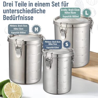 Контейнери для зберігання з нержавіючої сталі Nicelock, набір з 3 шт. , з кришками, герметичні кавові каністри, контейнери для зберігання продуктів, легкий та гігієнічний матеріал - набір з 3 предметів з нержавіючої сталі на 500 мл, 1000 мл та 1600 мл (52