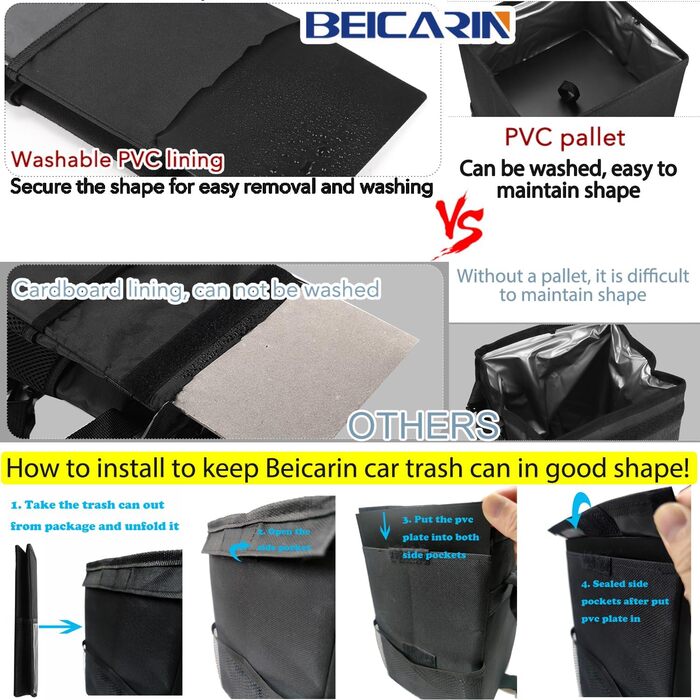 Поліестеровий автомобільний сміттєвий бак Beicarin з кришкою - Автомобільний мішок для сміття з кишенями для зберігання герметични