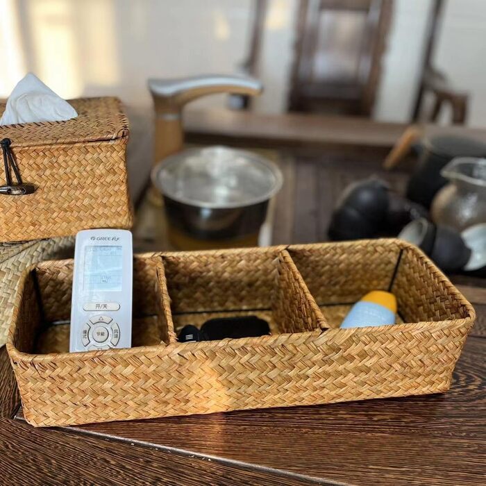 Кошик для зберігання з морської трави для ванної кімнати, плетений кошик для зберігання, плетена скринька для зберігання у ванній кімнаті з 3 відділеннями (37 x 12 x 8 см)
