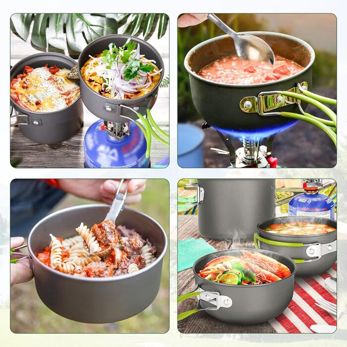 Набір посуду Herbst для кемпінгу, 11 предметів міні-плита, складаний газовий пальник, каструля та складальні столові прибори, серветки для чищення для пікніків та походів на природі