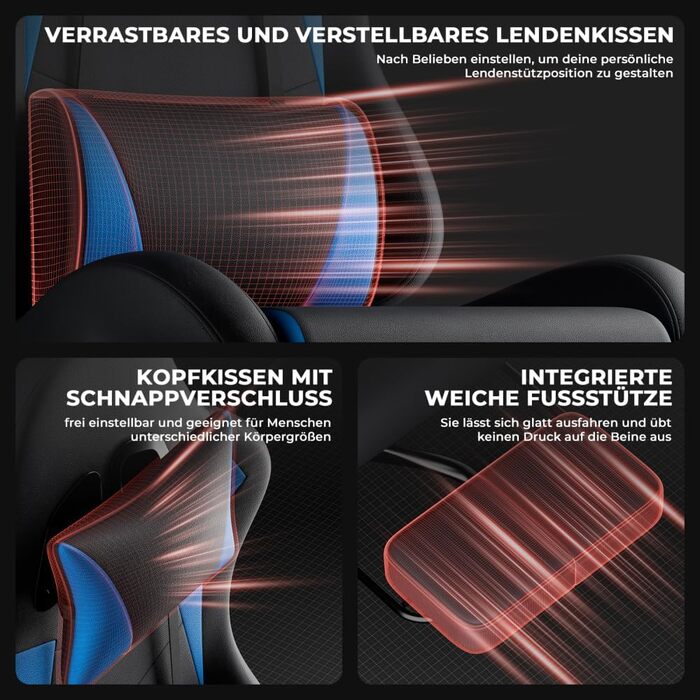 Безбрендове ігрове крісло ергономічне з регульованою висотою з підголівником, поперековою подушкою, обертове крісло для офісу, домашнього офісу, ПК, для дорослих та підлітків (чорний синій ПВХ), 0I&I0I