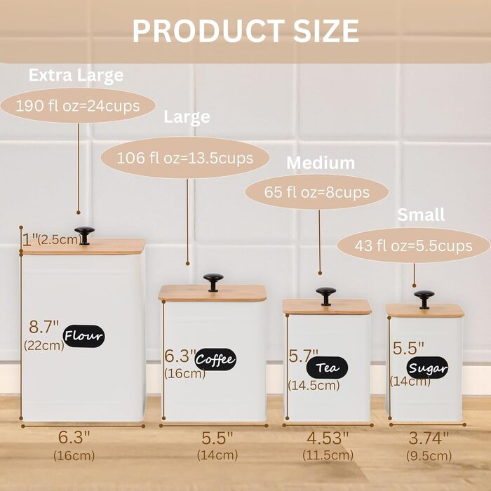 Набір контейнерів для зберігання PERFNIQUE для кухні - Набір із 4 предметів для зберігання кавового борошна, цукру та солі, контейнери для зберігання продуктів із герметичними кришками (білий)