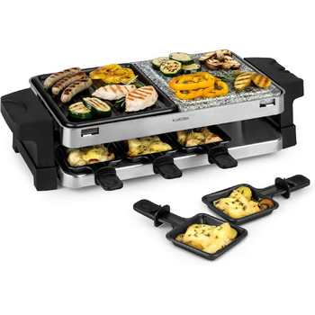 Гриль Klarstein Sirloin Raclette, 1500 Вт, 2-в-1 алюмінієва пластина для гриля та пластина з натурального каменю, нагрівальний елемент з нержавіючої сталі, регульований термостат, на 8 осіб, сковороди для раклету зі сталі