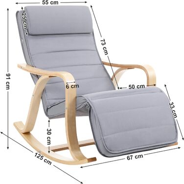 Крісло-гойдалка SONGMICS Birchwood, крісло-гойдалка, регульована підставка для ніг у 5 положеннях, бавовняний чохол, вантажопідйомність до 150 кг, вітальня, спальня, світло-сірий LYY41G, 67 x 125 x 91 см