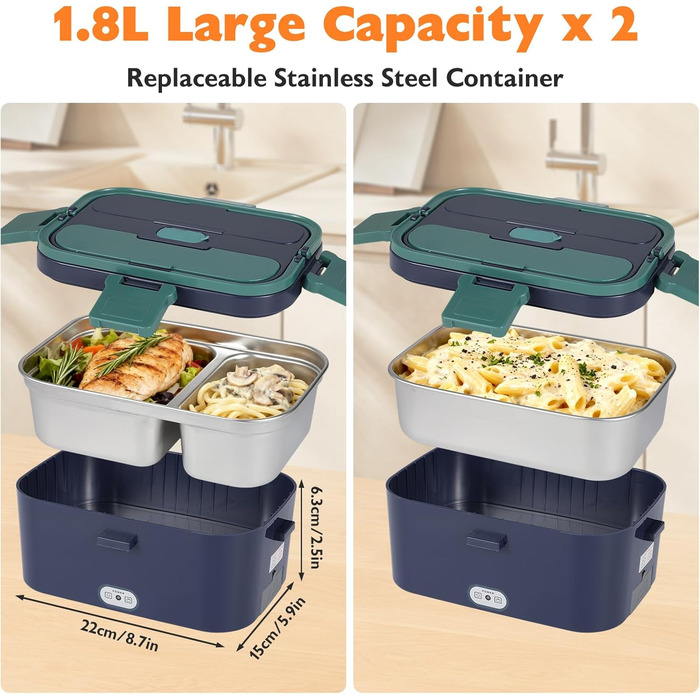 Електричний ланч-бокс 100 Вт з підігрівом для дорослих з 2 харчовими відділеннями об&39ємом 1,8 л, 1 відділенням для фруктів, сумкою, виделкою та ложкою з нержавіючої сталі, великим підігрівом їжі для автомобіля, вантажівки, офісу, дому