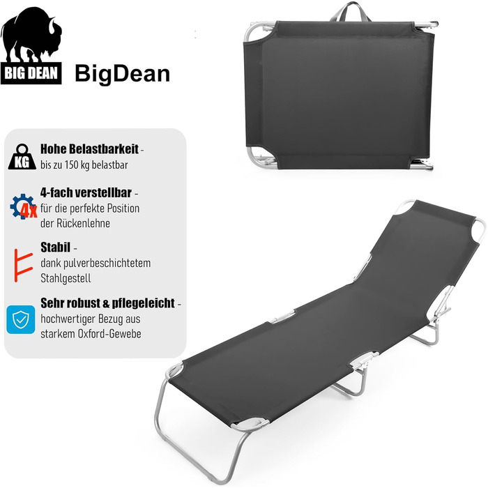 Складаний шезлонг BigDean, вантажопідйомність 150 кг, з 4-позиційним регулюванням спинки високоякісний садовий шезлонг для балкону, саду та пляжу чорний