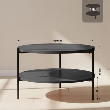 Круглий дерев&39яний журнальний столик CLP Edduma, диванний столик з 2 полицями та місцем для зберігання, невеликий бічний столик з чорним металевим каркасом, колір сірий, розмір Ø 80 см Ø 80 см сірий