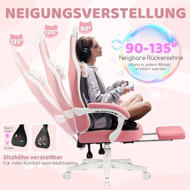 Миле ігрове крісло Hellove з котячими вушками, ергономічне комп&39ютерне крісло з високою спинкою та поперековою опорою, ігрове крісло з підставкою для ніг для дівчаток, підлітків, дітей, шкіра синтетична, рожево-біле