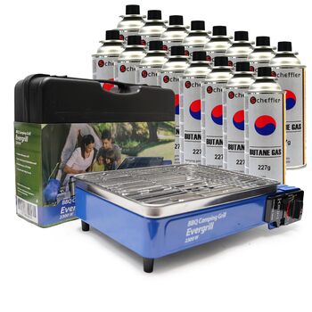 Кемпінговий гриль Evergrill на бутані - Включає 16 газових картриджів - Газовий гриль - Кемпінгова плита - Настільний гриль - Аварійний комплект