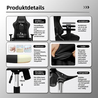 Геймерське крісло, офісне крісло з регульованою поперековою подушкою, підлокітниками та підголівником, функція гойдання ігрового крісла до 170, ігрове крісло зі зручними подушками сидіння, ігрове крісло вантажопідйомністю 150 кг