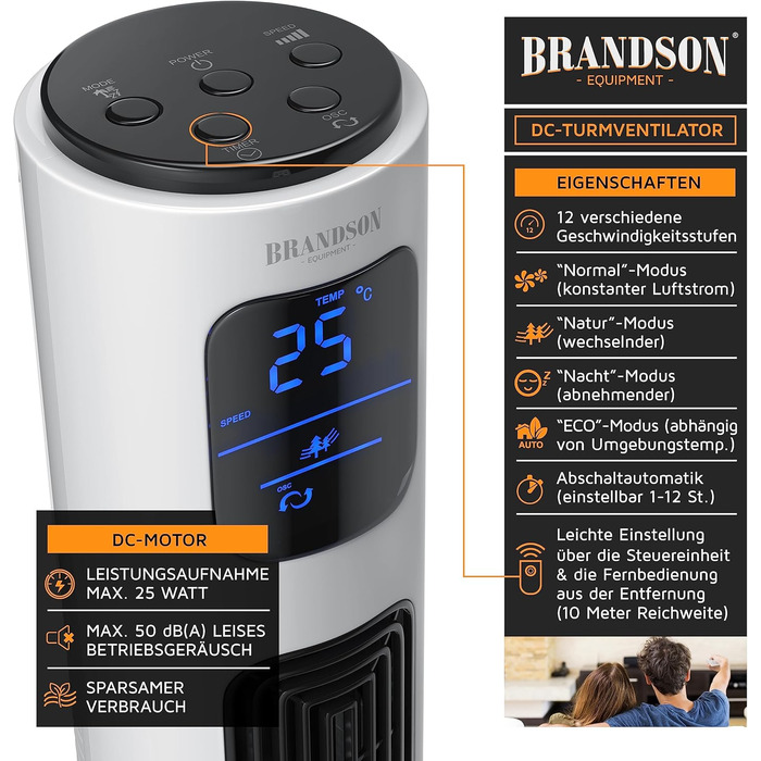 Баштовий вентилятор ECO Безшумний з двигуном постійного струму - лауреат премії 2024-12 швидкостей - вентилятор на п'єдесталі - та