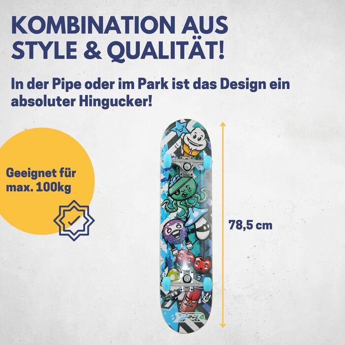 Скейтборд A3 Kid Octopus - найкращий спортивний скейтборд для дітей від 7 років, нековзка 7-шарова кленова дека, ABEC 3 підшипники, алюмінієва вісь, вантажопідйомність 100 кг, Octopus Blue дизайн