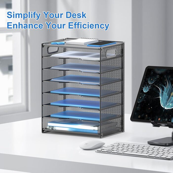 Настільний органайзер OUTWOLF з ручкою, 8-ярусний лоток для листів, міцні металеві лотки, офісне приладдя для документів формату A4, паперу, книг, журналів (чорний)