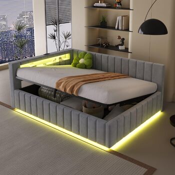 М&39яке ліжко/диван-ліжко 140x200, двоспальне ліжко з гідравлічним відділенням для зберігання, світлодіодним підсвічуванням та функцією заряджання через USB, кушетка/дитяче ліжко з рейковим каркасом, оксамитова тканина, без матраца, світло-сірий 140x200 с