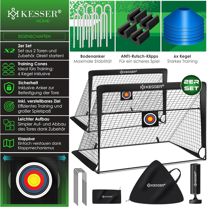 Футбольні ворота KESSER, 2 шт. Чудовий футбольний подарунок для дітей, для використання в приміщенні та на вулиці протиковзке покриття - включає аксесуари для футбольних тренувань конуси, мішень, спортивну сумку, насос для м&39яча, чорний колір