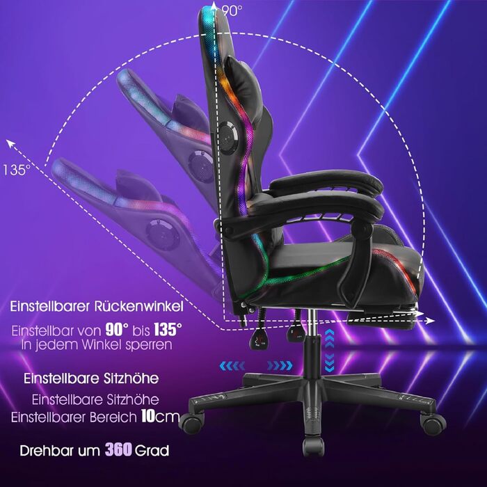 Ергономічне ігрове крісло з динаміками та світлодіодним освітленням, регульоване комп&39ютерне крісло з підставкою для ніг, підголівником та підлокітниками, крісло зі штучної шкіри для офісу та дому, чорне