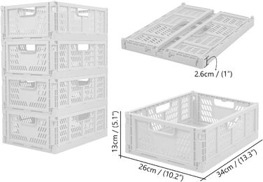 Складані пластикові коробки для зберігання, полиці-кошики, набір із 4 складних кошиків для зберігання, вставки для кухонних шухляд, штабелювані коробки для зберігання, транспортні коробки, контейнери для шаф, куби, домашній офіс, спальня, кухня - білі