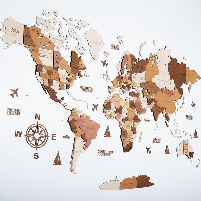 Преміальна 3D дерев&39яна карта світу настінна прикраса німецькою мовою зі шпильками Кріплення на стіну без інструментів Ідея подарунка на будь-яку подію Дерев&39яна настінна прикраса для дому та офісу (колір дерева, 160x85 см) 160Д x 85Ш см, колір дерева