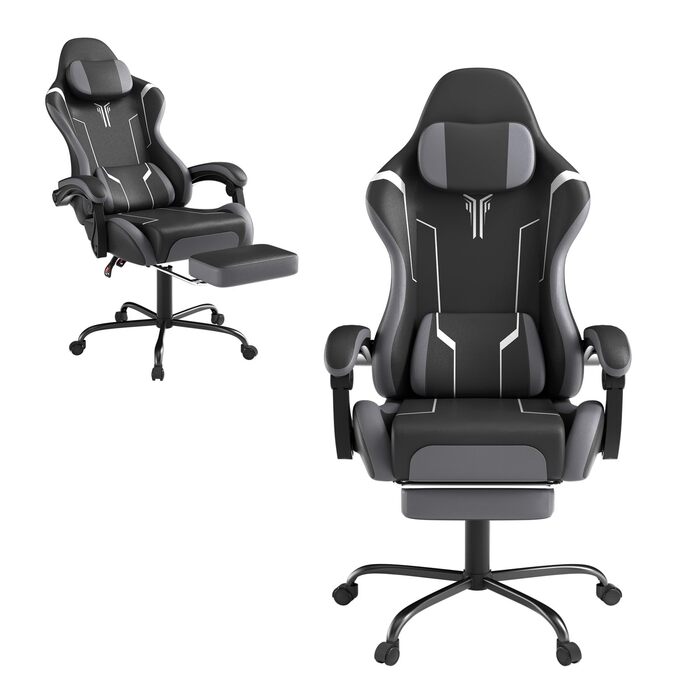 Ігрове крісло з масажем, підставкою для ніг та підголівником, ергономічне ігрове крісло з масажною поперековою подушкою, регульована спинка 90-135, м&39які підлокітники для геймерів - сірий, чорний та білий