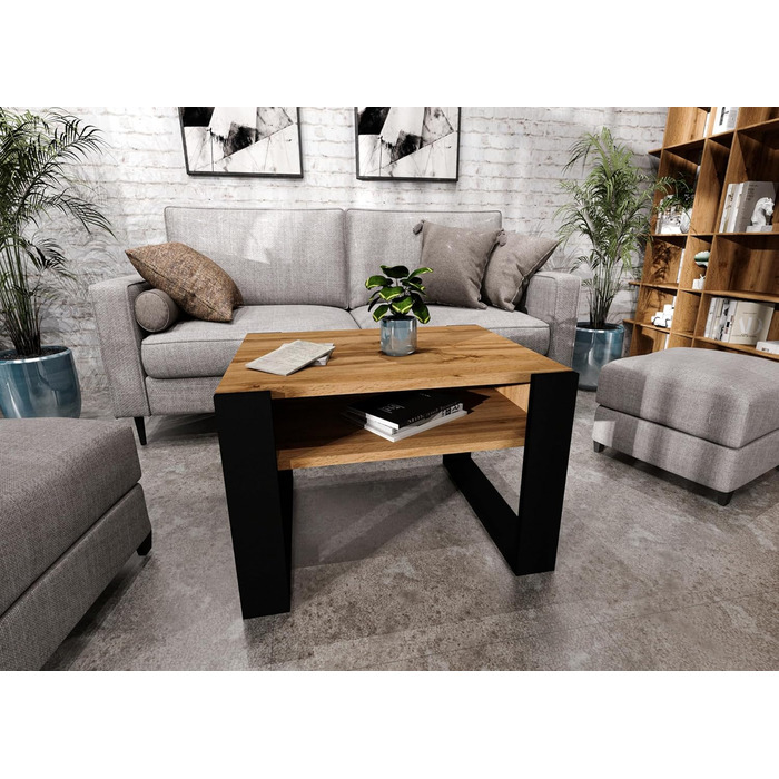 Журнальний столик 6553,6 см Стіл для вітальні з інженерної деревини, Міцний та сучасний журнальний столик з додатковим місцем для зберігання Журнальний столик, дуб Вотан/чорний, прямокутний 6553,6 см Дуб Вотан / чорний