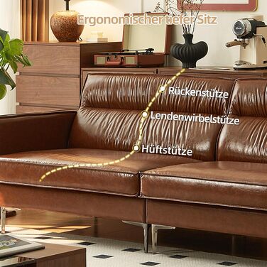 Місний диван під вінтажну шкіру Компактний диван зі штучної шкіри з ґудзиками, металевими ніжками та прямими підлокітниками, коричневий Ретро-диван для вітальні, офісу або невеликої квартири (гладка версія) 220 см гладка версія, 3-