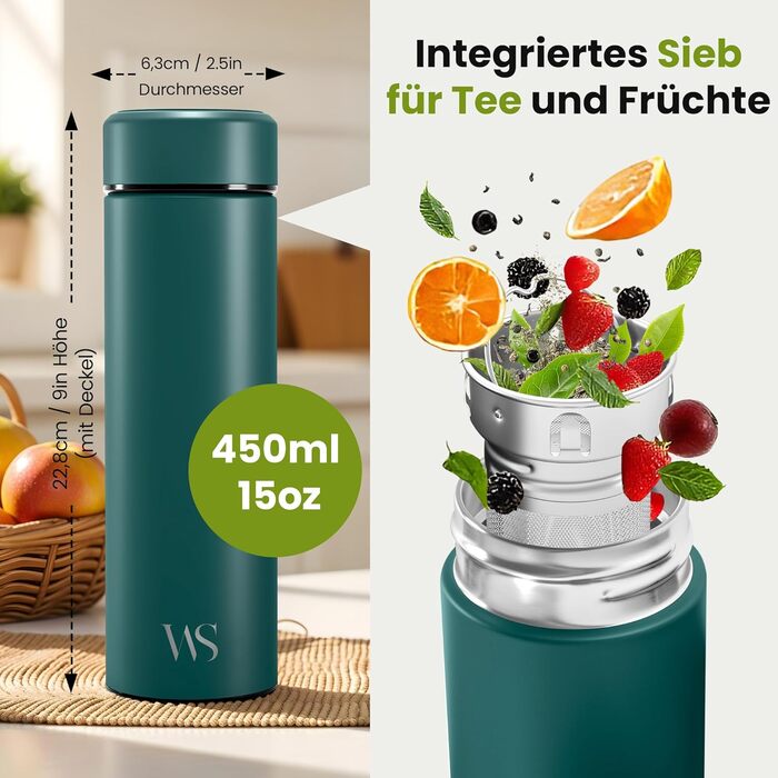 Термос чайник/фруктовий інфузер - Ізольована термопляшка для чаю з нержавіючої сталі, без BPA Пляшка для пиття чайник/фруктовий інфузер, термокружка 450 мл на винос для офісу, спорту, школи, бірюзова пляшка