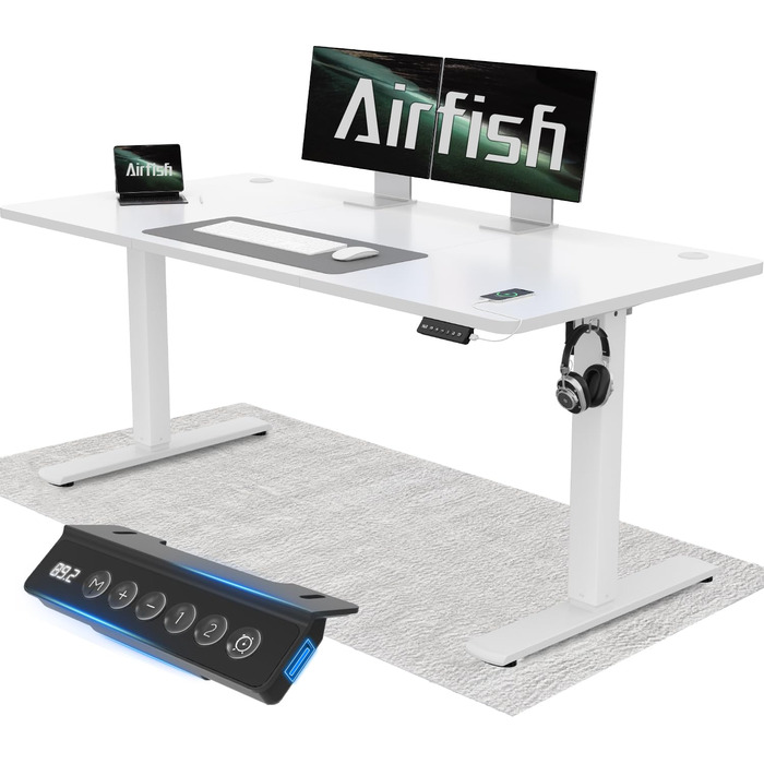 Стіл Airfish з регульованою висотою 140x60 см з USB-портом, електрично регульований стіл з функцією пам&39яті, 73-118 см, білий