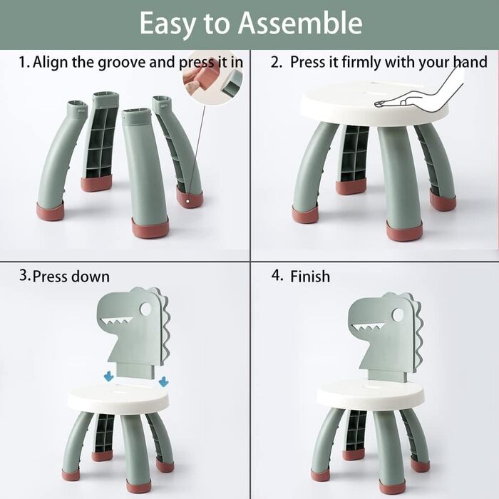 Дитячий стільчик Balama з пластику, дизайн динозавра, зелений, висота сидіння 25,3 см, для використання в приміщенні та на вулиці, без BPA, міцний та легкий