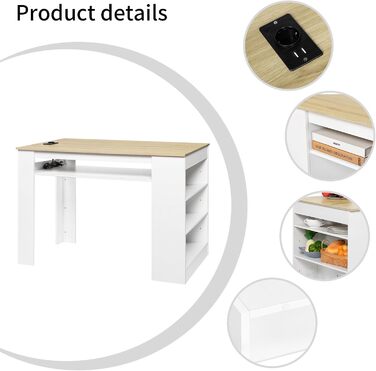 Багатофункціональний обідній стіл EGGREE з полицями для зберігання та розеткою - Кухонний стіл 110x60x78 см у дубовому декорі - Полиці з регульованою висотою, поверхня для зберігання, для невеликих приміщень у дубовому та білому кольорах