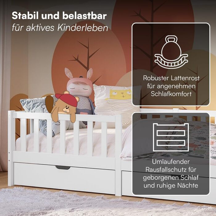 Дитяче ліжко Bellabino Vere 90x200 см Ліжко Монтессорі із захистом від падіння, рейковою основою та 2 шухлядами Дитяче ліжко з масиву сосни для хлопчиків та дівчаток Ліжко для малюків білого кольору з місцем для зберігання, біле 90x200 см з шухлядами, мат