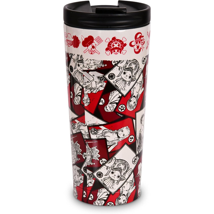 Термокружка Elbenwald One Piece - 425 мл - Кружка для кави з нержавіючої сталі з кришкою, що закручується, та отвором для пиття, що замикається (висота 19 см) - Біла/Червона з мотивом Луффі One Piece Luffy