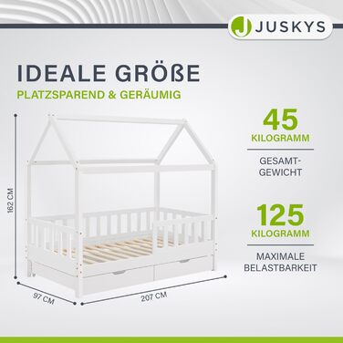 Дитяче ліжко Juskys Marli 90 x 200 см з матрацом, ящиком для ліжка, захисними поручнями, рейковою основою та дахом - Ліжко-будиночок з масиву дерева для дітей - Ліжко білого кольору