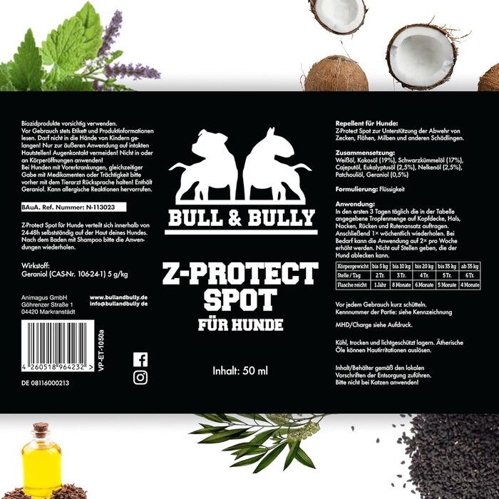 Захист для собак від кліщів та бліх Z-Protect Spot з гераніолом рослинний засіб, розроблений ветеринарами з чорнушкою та кокосовою олією ефективний захист від кліщів та бліх для собак BULL & BULLY