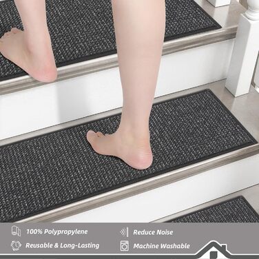 Сходинки BEQHAUSE для дерев&39яних сходів, 22,9 x 71,1 см, Килимові сходинки для використання в приміщенні, Можна прати в пральній машині, Доріжка для дітей, людей похилого віку та домашніх тварин, TPE-підкладка, 100 9&39 x 2&394&39 (прямокутні) темно-сір