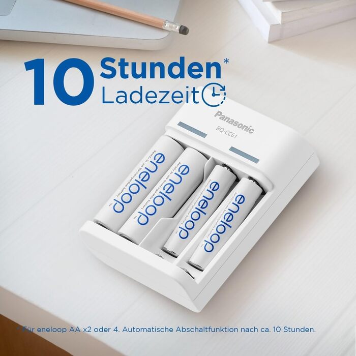 Зарядний пристрій eneloop Basic USB, для 2-4 нікель-металгідридних акумуляторів типу AA/AAA, час заряджання 10 годин, 6 функцій безпеки, включаючи 4 акумулятори eneloop типу AA (2000 мАг), зарядний пристрій USB з 4 акумуляторами eneloop типу AA