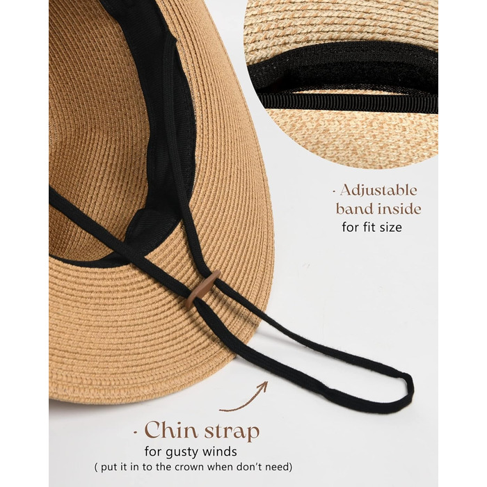 Унісекс Панама Капелюх Широкий козирок Сонячний капелюх для чоловіків та жінок Пляжний капелюх Захист від ультрафіолету Літній капелюх Регульований солом&39яний капелюх L-XL Хакі Чорна стрічка