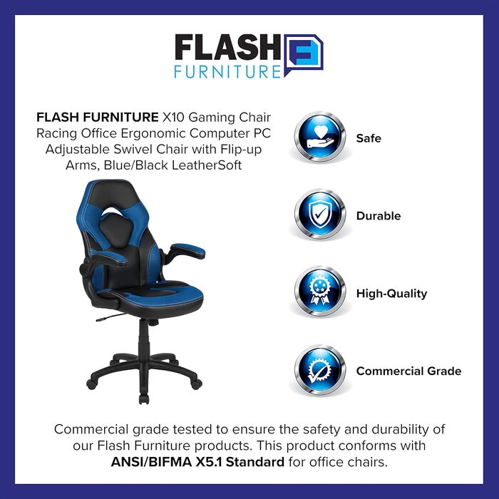 Ігрове крісло Flash Furniture X10, ергономічне офісне крісло для ПК та ігрових систем, регульоване ігрове крісло зі спинкою, LeatherSoft, синьо-чорне