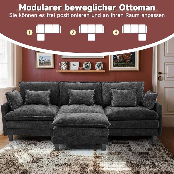 Модульний кутовий диван, L-подібний диван для вітальні, надзвичайно глибокі, зручні дивани-хмарки з шенілу з декоративними подушками та розсувною оттоманкою (чорний, 3 місця з 1 оттоманкою) Чорний 3 місця з 1 оттоманкою