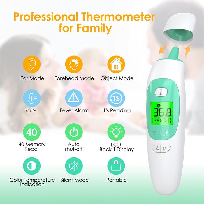 Медичний термометр Вушний безконтактний термометр для чола та вуха Цифровий медичний термометр температури для дорослих, дітей, немовлят та предметів із сигналізацією високої температури