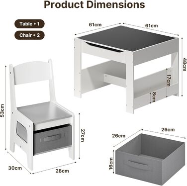 Дитячий стіл Xbro з 2 стільцями, дитячий стіл для малювання 4-в-1 з місцем для зберігання, багатофункціональний дерев&39яний дитячий комплект сидіння з книжковою полицею, для дітей віком від 3 років, 61,5 61,5 48 см, сірий