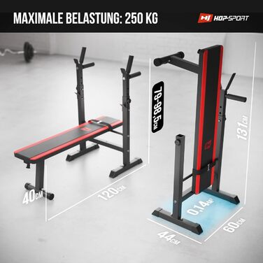 Складана силова лава Hop-Sport, багатофункціональна тренувальна лава зі стійкою для штанги та станцією для віджимань, ідеально підходить для тренувань на прес, силових тренувань та домашнього фітнесу - максимальне навантаження 250 кг