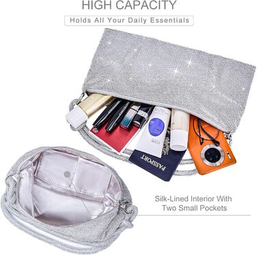 Золотиста Клатч для жінок, срібляста вечірня сумочка, сумочка з діамантами, сумка на ланцюжку, срібляста з блискавкою, клатч з камінням, гаманець, сумка через плече для вечірки, відпочинку, побачення (A-Срібло)