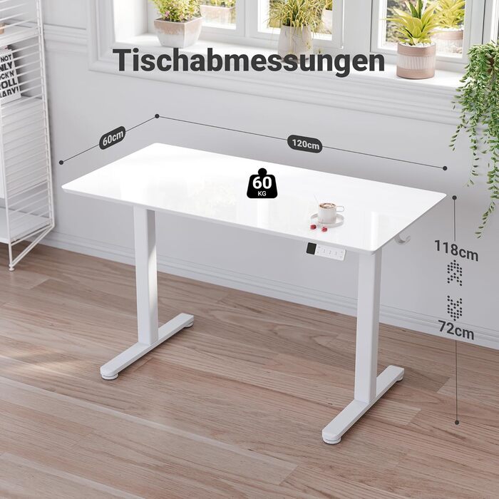 Стіл Claiks з регульованою висотою та скляною стільницею 120 x 60 см, електрично регульований, меблі для домашнього офісу, комп&39ютерний стіл, сучасний обідній стіл, стабільність та дизайн 120 x 60 см, супер білий