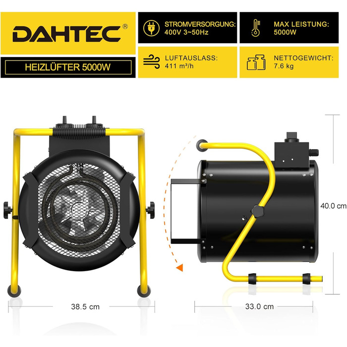 Промисловий обігрівач з вентилятором потужністю 5000 Вт для великих приміщень з термостатом та 3 режимами нагріву, будівельний обігрівач, сушарка для будівель, вентилятор з портативною ручкою для гаража, будівельного майданчика