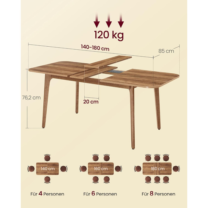 Обідній стіл VASAGLE, кухонний стіл, розсувна стільниця, вантажопідйомність 120 кг, для їдальні, офісу, кабінету, простий дизайн, медово-коричневий KDT090K01