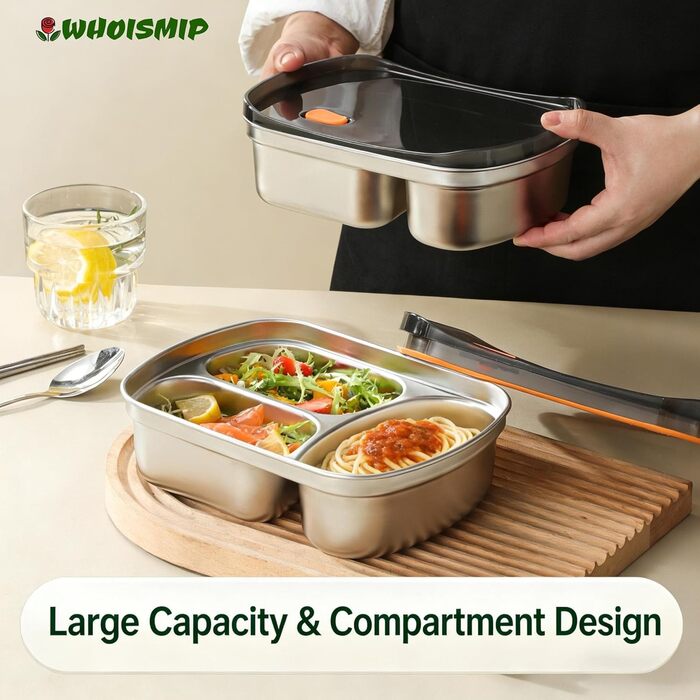 Набір ланчбоксів 2 шт. для дорослих та дітей, нержавіюча сталь 18/8, 1500 мл 1350 мл. Герметичні контейнери з відділеннями для обіду, сніданку та перекусу. Металевий ланчбокс у стилі бенто.