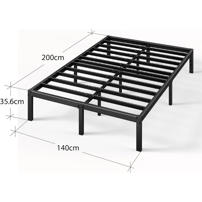 Каркас ліжка Zinus Elias 140x200 см - Металеве ліжко 140x200 з металевою рейковою основою - Платформа заввишки 36 см з простором під нею - Не потрібна пружинна основа - Легке складання - Чорний
