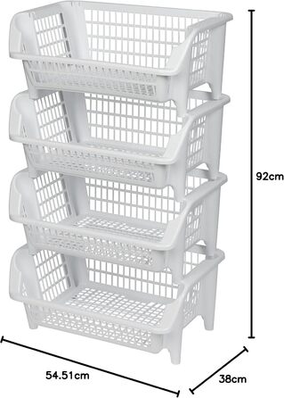 Полиця, що складається з чотирьох пластикових кошиків, що штабелюються, білого кольору. Можна штабелювати та вкладати. За необхідності можна подовжити. Розміри ШхДхВ 54,5 х 38 х 92 см